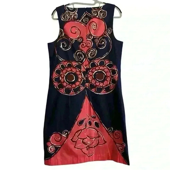 Trina Turk Sleeveless Shift Midi Dress Size 8 Navy Pink Abstract Career Shower - Picture 5 of 13